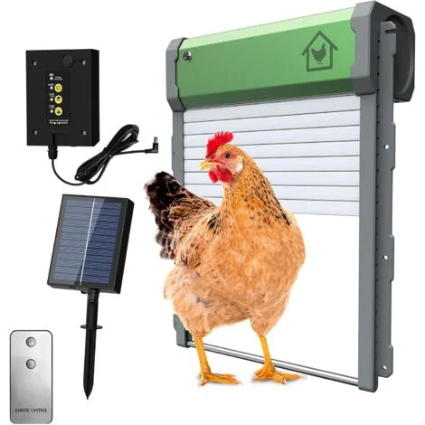 Porta automatica per pollaio a energia solare, impermeabile con sensore di luce, timer serale e mattutino, in alluminio, per un allevamento sicuro di polli.