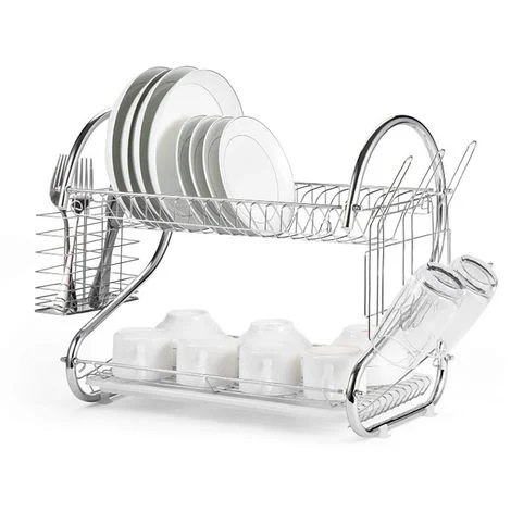 Scolapiatti da cucina in acciaio inossidabile a due piani con piatto unico (griglia principale + gabbia per bastoncini + griglia per appendere tazze)