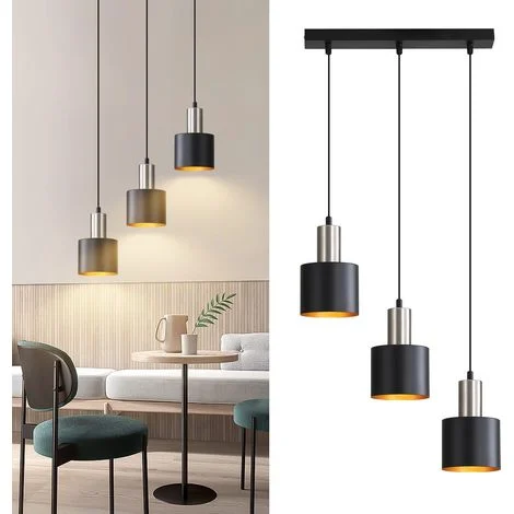 Lampada a sospensione E27 vintage GBLY - 3 lampadine Lampada da cucina a sospensione da pranzo nera oro Isola della cucina Lampada industriale regolabile in altezza senza lampadina