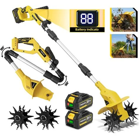 Motocoltivatore elettrico a batteria (400 W, diametro lama: 16 cm (lama a doppio taglio), profondità taglio: 150 mm), manico pieghevole 133 cm, con due batterie 3000 mAh