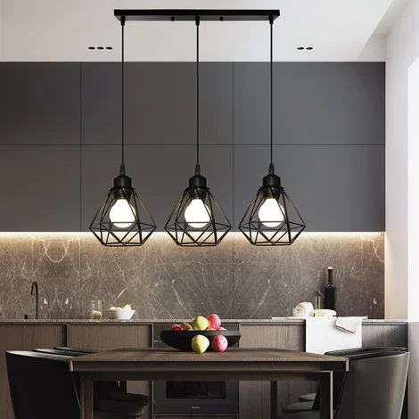 3 Luci E27 Lampada a Sospensione Industriale Paralume Diamante in Ferro Lampadario per Sala da Pranzo Camera da Letto Nero