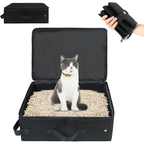 Lettiera da viaggio per gatti con coperchio, lettiera portatile pieghevole per gatti, impermeabile, resistente per gattini, conigli, auto, interni, campeggio, viaggi, 403015 cm, nero