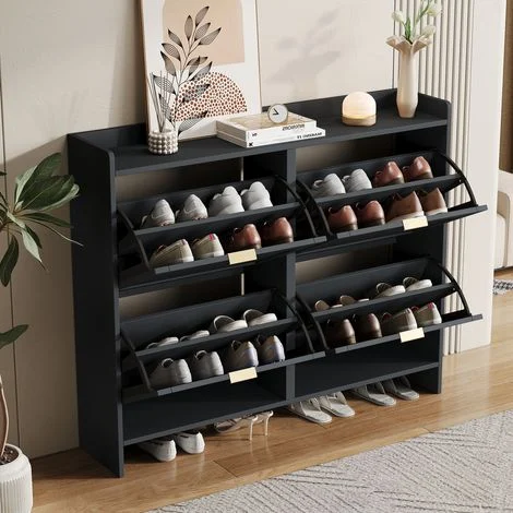 Scarpiera 110x90x24 cm, con 4 Ante a Ribalta, Ampio Spazio, Indipendente e Moderna, Pannello truciolare, Nero, per Ingressi