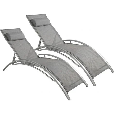 Set 2 Lettini Da Sole Reclinabili Con Schienale Regolabile 5 Posizioni In Textilene Traspirante Ideali Per Piscina Giardino Balcone E Outdoor 59 x 158 x 81.5 Cm Grigio