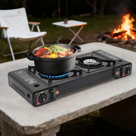Fornello a gas Portatile da Campeggio 2 Fuoco con Valigia di Trasporto Efficienza Termica 50% per Campeggio, Cucine Esterne, Isolotti per Barbecue, Padiglioni da Caccia, Appartamenti, Dormitori