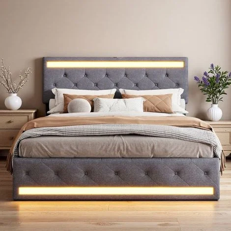 Letto matrimoniale 180x200 - Contenitore e cassetti - Illuminazione LED - Design moderno - Grigio antracite