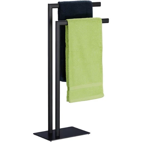 Relaxdays Portasciugamani da Terra, Piantana Autoportante con 2 Bracci, Acciaio, Porta Asciugamani HLP 81x49x20 cm, nero