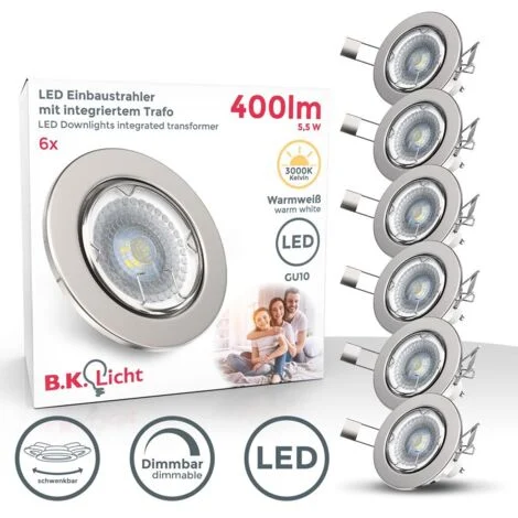 Faretti LED da incasso orientabili e dimmerabili, include lampadine GU10 da 5W, diametro foro 68mm, set di 6, faretti da interno, corpo metallo color nickel opaco, 230V, IP23