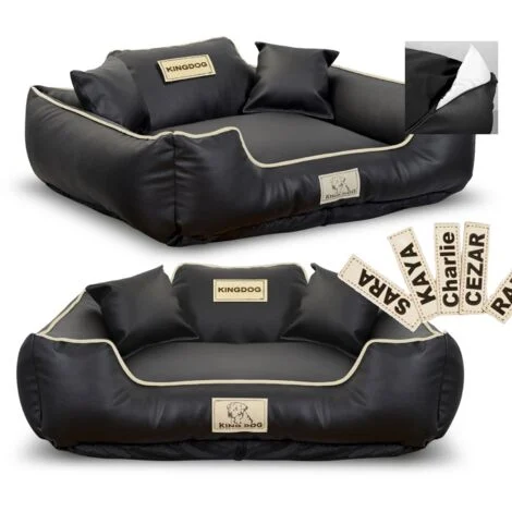 Cuccia per cani Kingdog, in ecopelle, 75x65 cm, personalizzabile, sfoderabile, antiscivolo, nera.