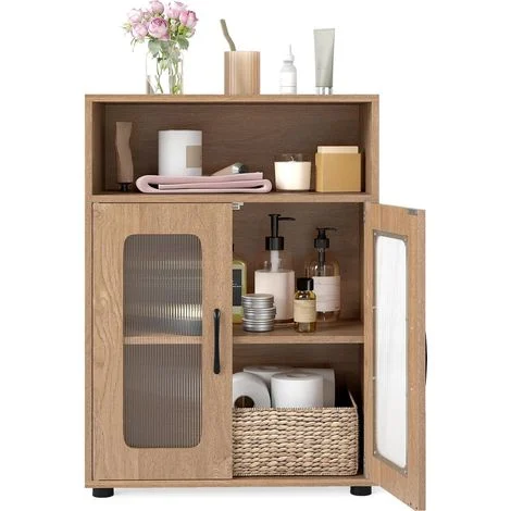 COSTWAY Mobile da Bagno, Mobiletto Salvaspazio con 2 Ante e Ripiano Regolabile a 3 Livelli, Scomparto Aperto, Design Anti-Ribaltamento e Piedini Rialzati, Armadietto per Lavanderia (Naturale)