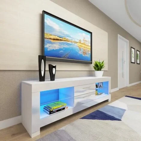 Mobile TV moderno bianco con luce LED - Ripiano in vetro 1 cassetti - Credenza bassa per soggiorno e camera da letto 130x35x50 cm