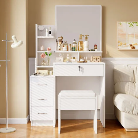 Toletta moderna con specchio - Tavolo da trucco 4 cassetti 1 sgabello - 4 ripiani portaoggetti - 87 x 40 x 144 cm - Bianco