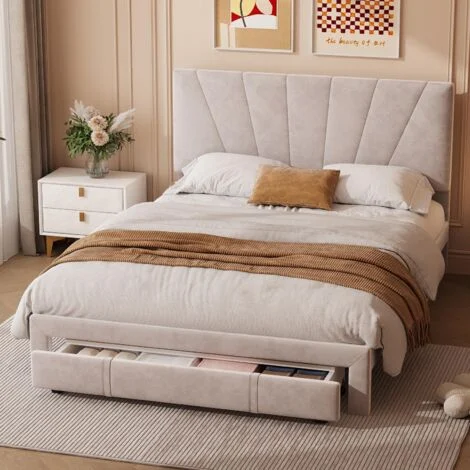 Letto 140x200 cm - letti con cassetti 160x200 - letto per adulti con schienale imbottito - velluto - stile scandinavo - rete a doghe - struttura in metallo - Beige