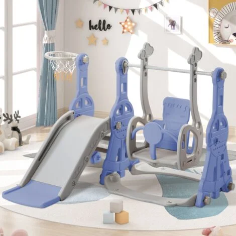Parco giochi 4 in 1 - Adatto per uso interno ed esterno - Con altalena, canestro da basket, scivolo e scala - Blu