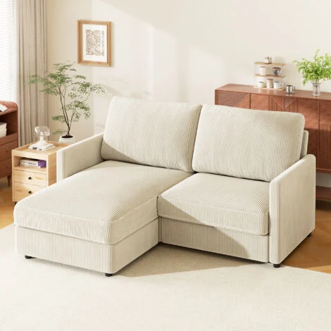 Divano angolare reversibile a 2 posti in velluto a coste, comodo divano componibile a L per soggiorno, 180x137x84 cm, beige