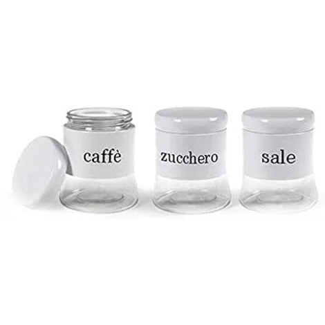 Set 3 Barattoli da Cucina in Vetro Bianco Sale Zucchero Caffè 750 ml