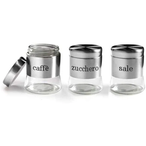 Set 3 Tris Barattoli Contenitori da cucina in vetro e acciaio 750 ml
