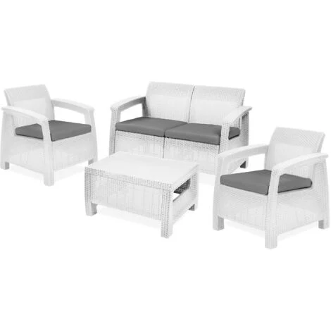 Set Salotto da Giardino Divano + Poltrone + Tavolino Courfu' White Keter