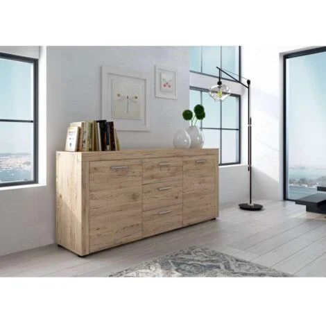 Madia Credenza in Legno Effetto Rovere 167x41x77 cm con Ante e Cassetti - Manuel