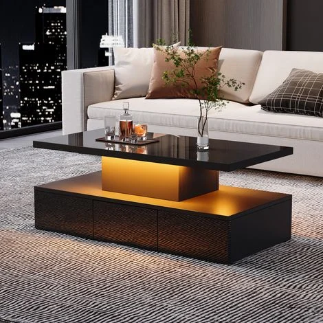 Tavolino da caffè rettangolare moderno nero con illuminazione a LED e cassetti portaoggetti, design scandinavo per soggiorno, 100x50x39cm