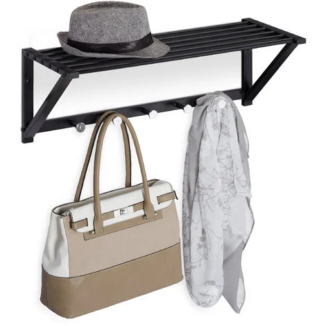 Relaxdays Attaccapanni da Muro con Ripiano, Mensola Portaoggetti con 5 Ganci, Corridoio e Bagno, 23 x 65 x 25 cm, nero