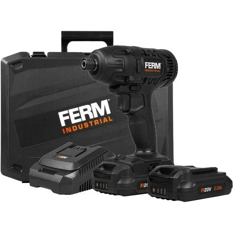 FERM Trapano avvitatore a impulsi a batteria FI20V. Coppia 150 Nm. Include 2 batterie 2.0Ah, caricabatterie rapido, 2 punte e custodia