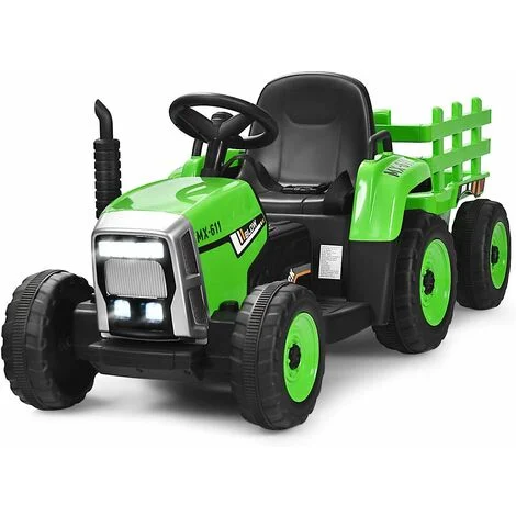 Trattore con Rimorchio Cavalcabile per Bambini 12V, Trattore Elettrico, con Luci e Suoni, 30kg, 3+ Anni