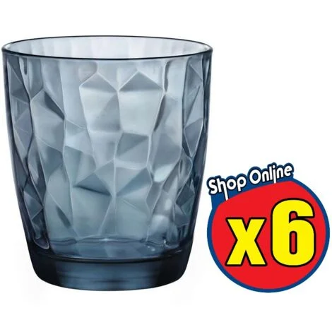 6 PZ BORMIOLI DIAMOND BICCHIERE ACQUA IN VETRO TRASPARENTE BLU DA 30CL H 9.3 CM