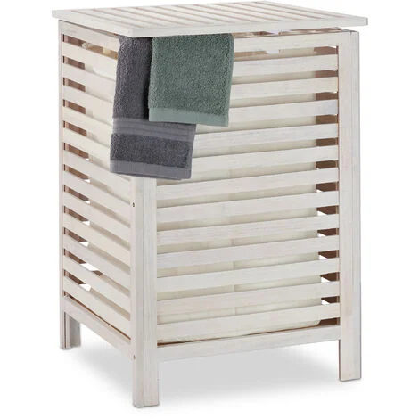 Relaxdays Cesto Portabiancheria, Porta Biancheria Sporca Salvaspazio in Legno di Noce, Bagno, 65,5 x 45 x 45 cm, Bianco