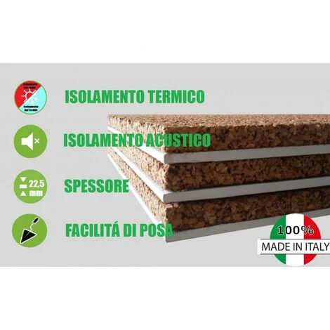 Pannello Accoppiato Cartongesso e Sughero Naturale per Isolamento Termico/Acustico - Spessore 22,5 mm- 120 X 50 cm -Italfrom