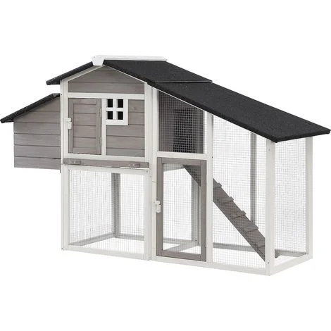 Pollaio in Legno con recinto 4 galline L. 173 x P. 64 x H. 108 cm Bianco e Grigio - LEVAS