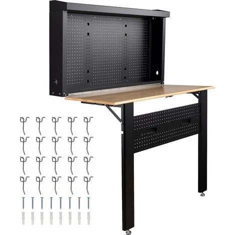 Wiltec Banco da lavoro pieghevole a parete, portata fino a 200 kg, tavolo richiudibile con pannello porta attrezzi forato, in acciaio con piano in legno, 120,5 x 82,5 x 162 cm, ideale per officine e g