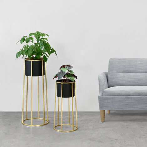 Set di 2 Portavasi in Metallo di Forma Rotonda Supporto in Color Oro per Piante in 2 Altezze Diverse con Coprivaso Nero
