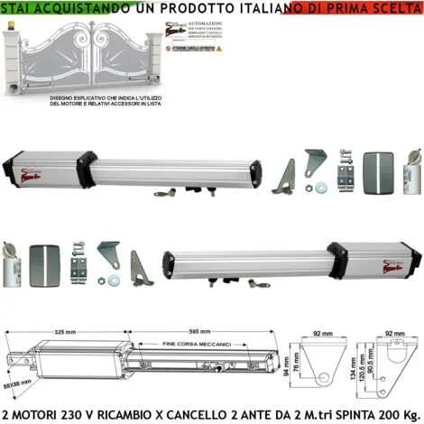 Attuatori 220 V Motori Elettromeccanici Corsa 300 MM Spinta 2 Q.li Ricambio Cancello Automatico 4 Metri 2 Ante 2 Condensatori 16 µF Kit Staffe Chiave Sblocco nel Carrello di Traino Compatibili Elettro