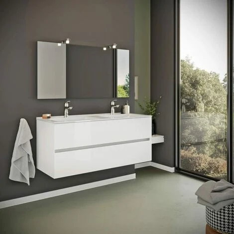 Mobile Bagno Bianco Lucido 120Cm, Cassetti E Doppio LavaboBenaco