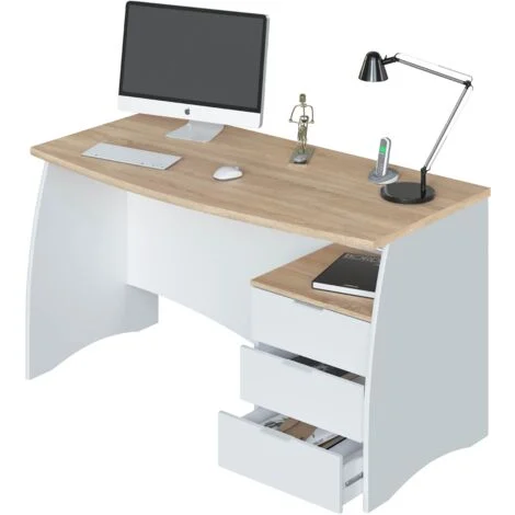 Scrivania da ufficio 136x67x74 cm con cassettiera e 3 cassetti bianco opaco e rovere - Svizzera
