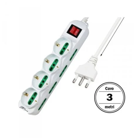 Multipresa Ciabatta Elettrica Cavo 1,5M Con 12 Posti 4 Prese Schuko 10/16A + 8 Prese Bipasso 2P+T 10/16A Interruttore