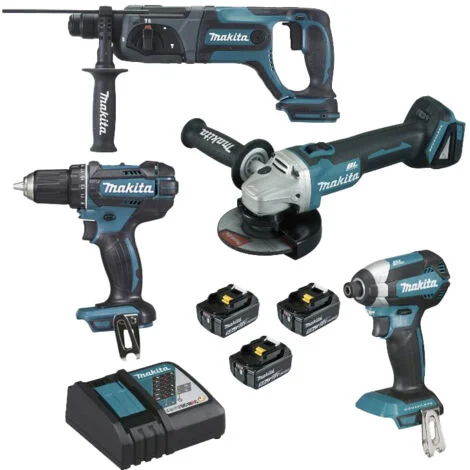 Set 4 macchine LXT 18 V - Smerigliatrice DGA504 + Trapano DDF482 + Perforatore DHR241 + Avvitatore DTD153 - MAKITA - 3 batterie 18V 5,0Ah, caricabatteria rapido - DLX4080TX1