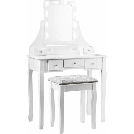 COSTWAY Toeletta Trucco con Specchio Girevole a 360° e 10 Luci LED, Postazione Trucco con Sgabello Imbottito, 5 Cassetti e Organizzatori, Tavolo da Trucco Moderno, 136x80x40cm, Bianco