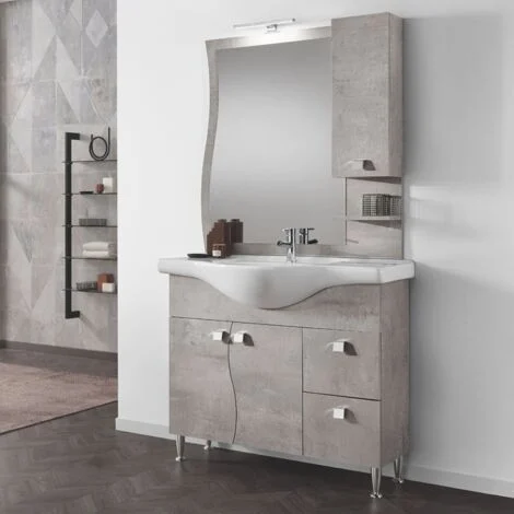 Mobile bagno 85 cm - Cemento Chiaro - 2 ante e cassetti - Onda