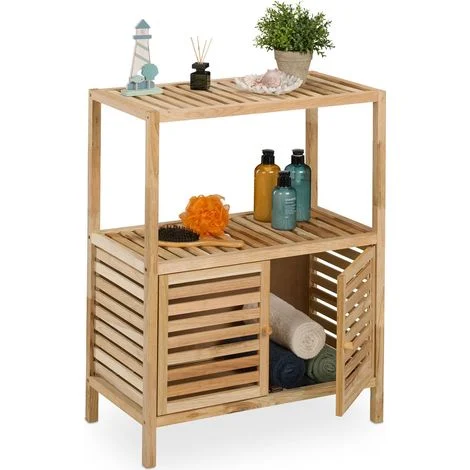 Relaxdays Mobile Salvaspazio per Bagno e Cucina, Scaffale in Legno Noce, 2 Ripiani, Vano con Ante, HLP 86x67,5x35,5 cm