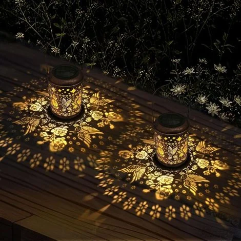 Set di 2 lanterne solari da giardino, lampade da tavolo in metallo con design a colibrì, decorazione da esterno in bronzo, regalo ideale per le donne, luci sospese per patio, cortile e giardino