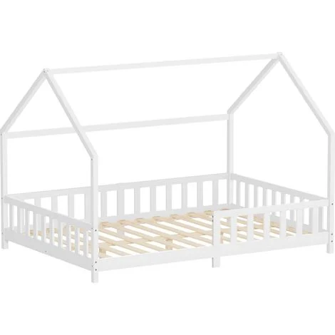 ML-Design Letto a Casetta per Bambini e Ragazzi 140x200 cm, Bianco, con Protezione Anticaduta, Tetto e Rete a Doghe, Struttura Montessori in Legno Massello di Pino, Letto a Terra per Adolescenti