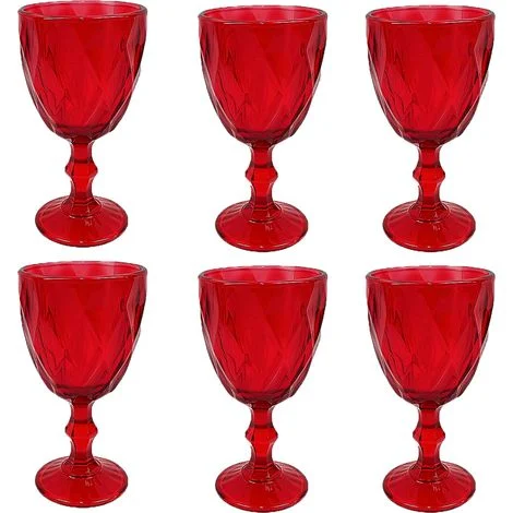 Set 6 Bicchieri Rossi a Calice da Acqua 340 mlEleganti per la Tavola Natalizia Calici con Piede Effetto Diamante Eleganti per le Feste di natale e Occasioni Speciali