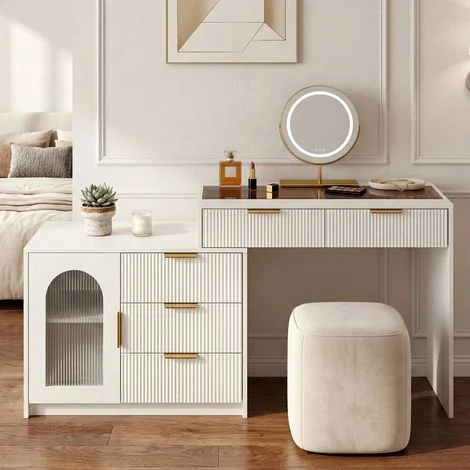 Toeletta moderna con specchio LED touch - tavolo da trucco estensibile con piano in vetro temperato e cassetti effetto scanalato - h75 x l90-160 x p40 cm - bianco