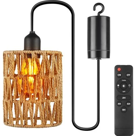 Lampada a sospensione a batteria con telecomando – non necessita di collegamento alla rete elettrica – lampada in rattan – lampada boho per patio, giardino, soggiorno, camera da letto