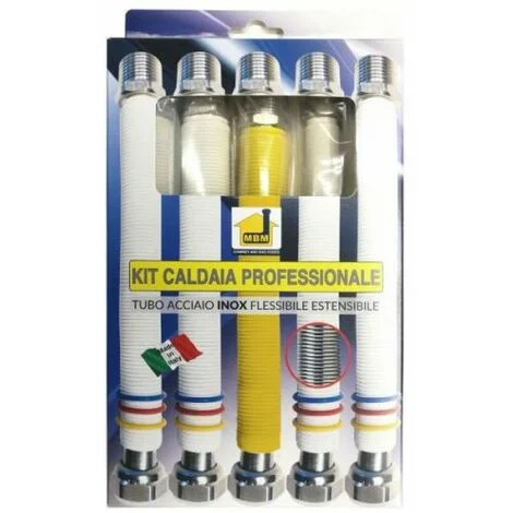 Kit tubi flessibili estensibili rivestiti acciaio inox per caldaia 200 / 400 gas 3/4mf 2x1/2mf 3x3/4mfuni 11353 acqua DM 174