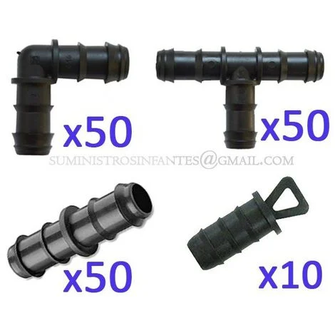 Set di Irrigazione a Goccia 16 mm: 50 Te + 50 Gomito + 50 Connettori+ 10 Tappo, Nero