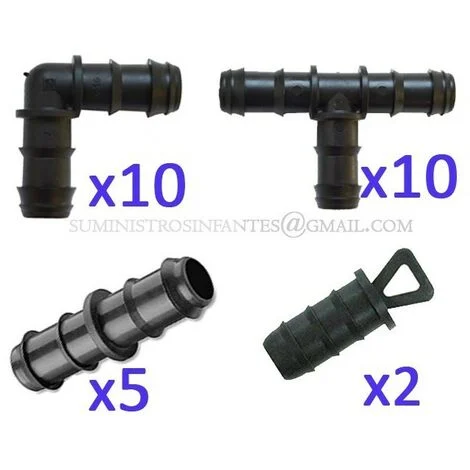 Set di Irrigazione a Goccia 16 mm: 10 Te + 10 Gomito + 5 Connettori+ 2 Tappo, Nero