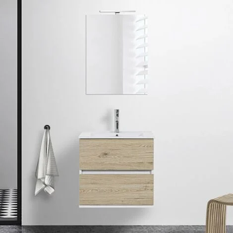 Mobile bagno sospeso 60 cm Duble rovere africa con lavabo e specchio
